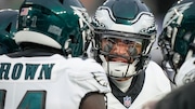 Philadelphia Eagles quarterback Jalen Hurts (1) before an NFL football game against the New York Giants, Sunday, Jan. 8, 2024, in East Rutherford, N.J. (AP Photo/Bryan Woolston)